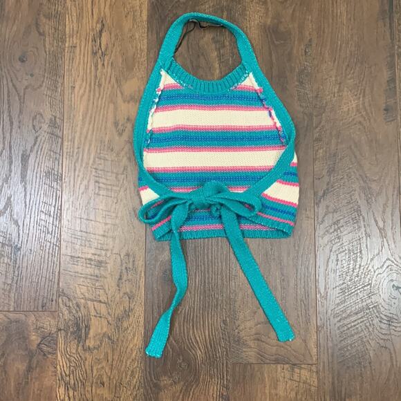 Zara Striped Pink/Teal/White Knit Open Back Halter Crop Top - Picture 6 of 9